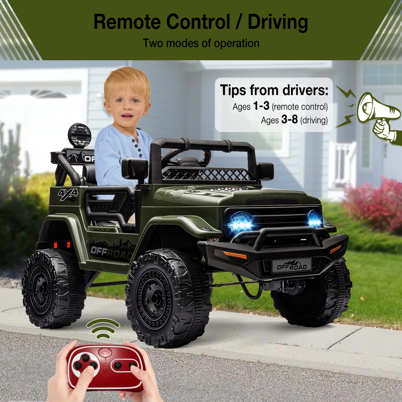 Remote Control Jeep Power Wheels 12V Kids Ride On Truck for 3-8 years Birthday Gifts