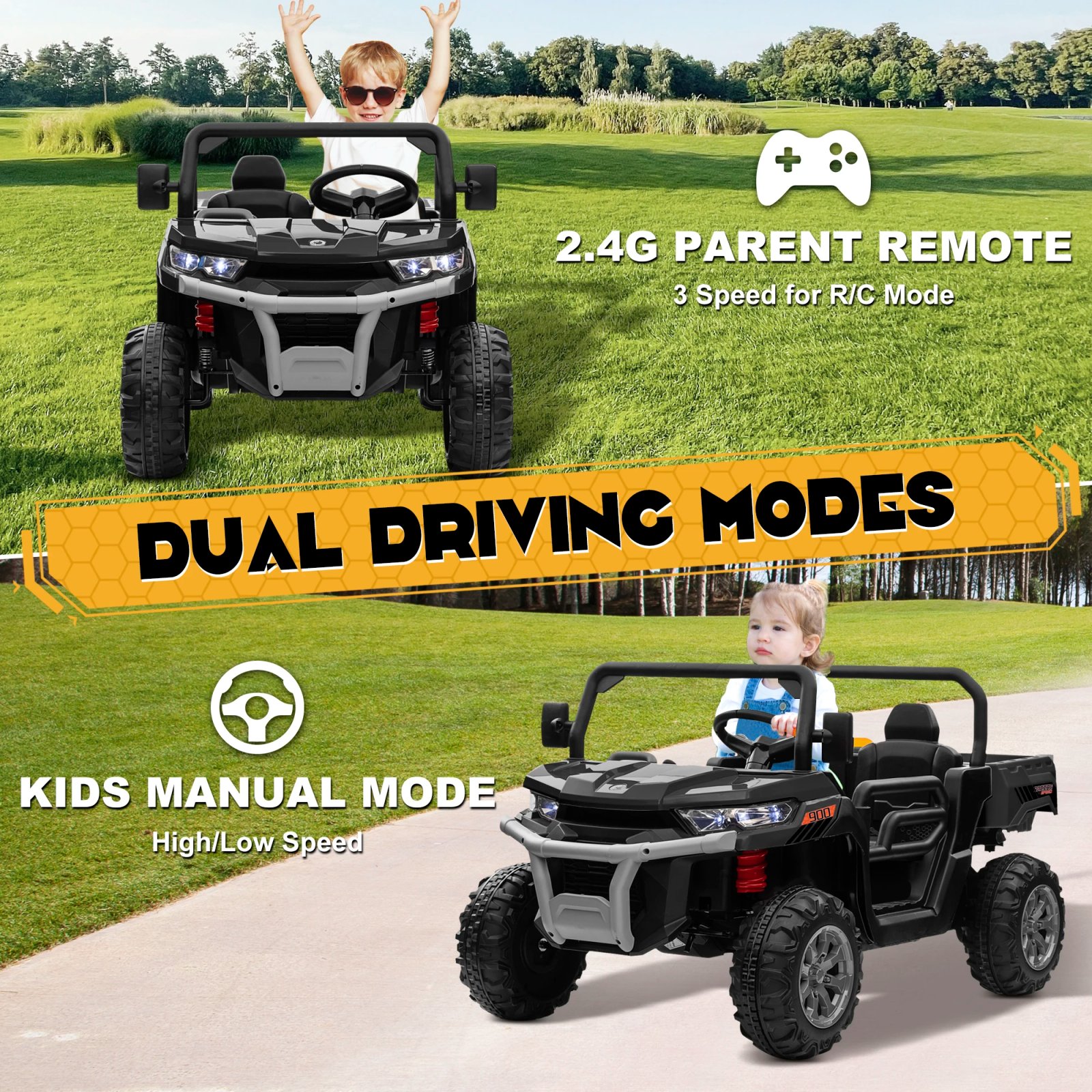 Remote Control Truck for Kids – 24V Ride On Dump Truck, 2 Seater RC Truck with Bluetooth Music & Headlights