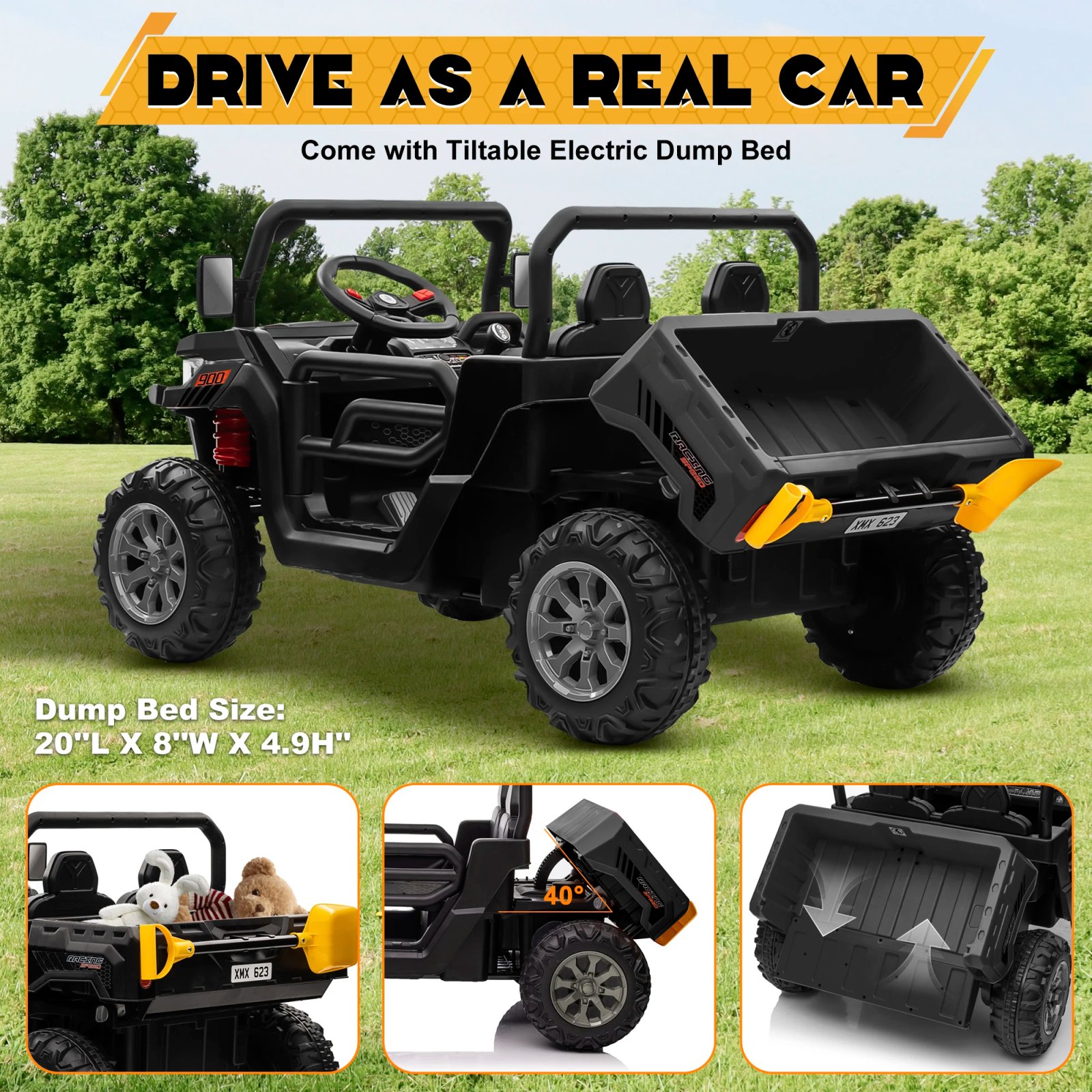 Remote Control Truck for Kids – 24V Ride On Dump Truck, 2 Seater RC Truck with Bluetooth Music & Headlights